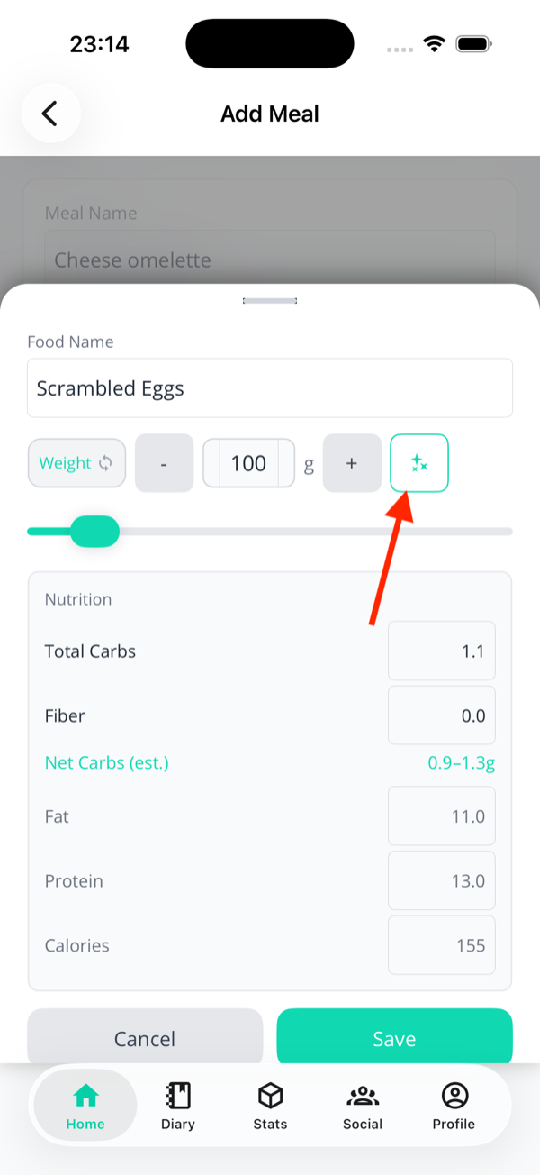 Food item edit sheet for Scrambled Eggs at 100g with a red arrow pointing to the sparkle button on the right of the weight controls