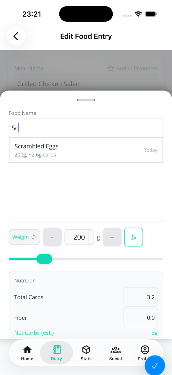 Food name field with the user typing Sc and a suggestion appearing for Scrambled Eggs 200g approximately 2.6g carbs from a previous log