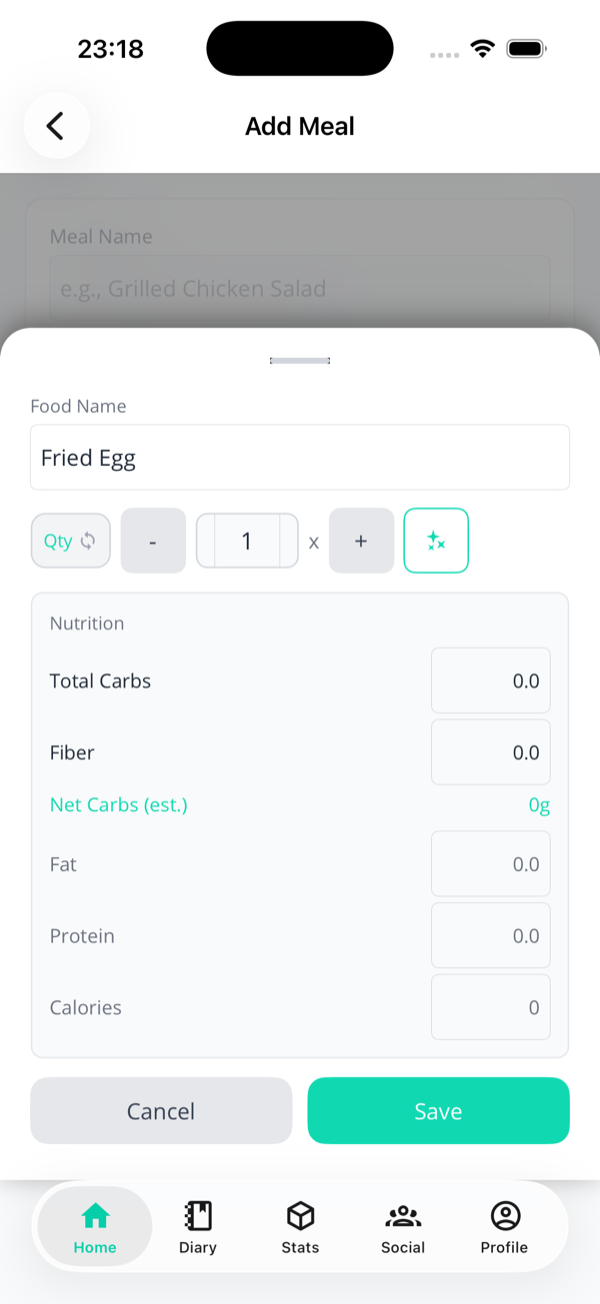 Food item sheet for one Fried Egg in quantity mode with all macro fields at zero ready for manual entry
