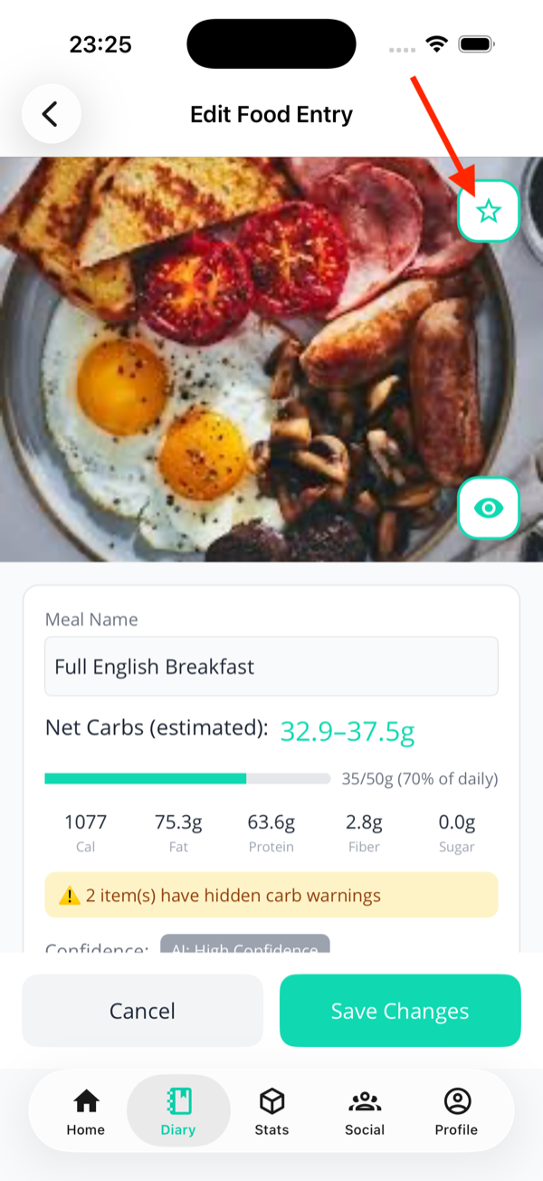 Meal detail page for Full English Breakfast with a red arrow pointing to the teal star button on the top right of the photo