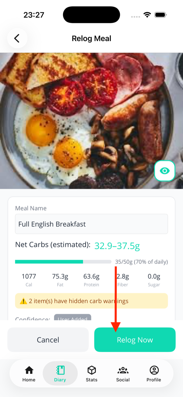 Relog Meal screen with Full English Breakfast pre-filled and a red arrow pointing to the teal Relog Now button