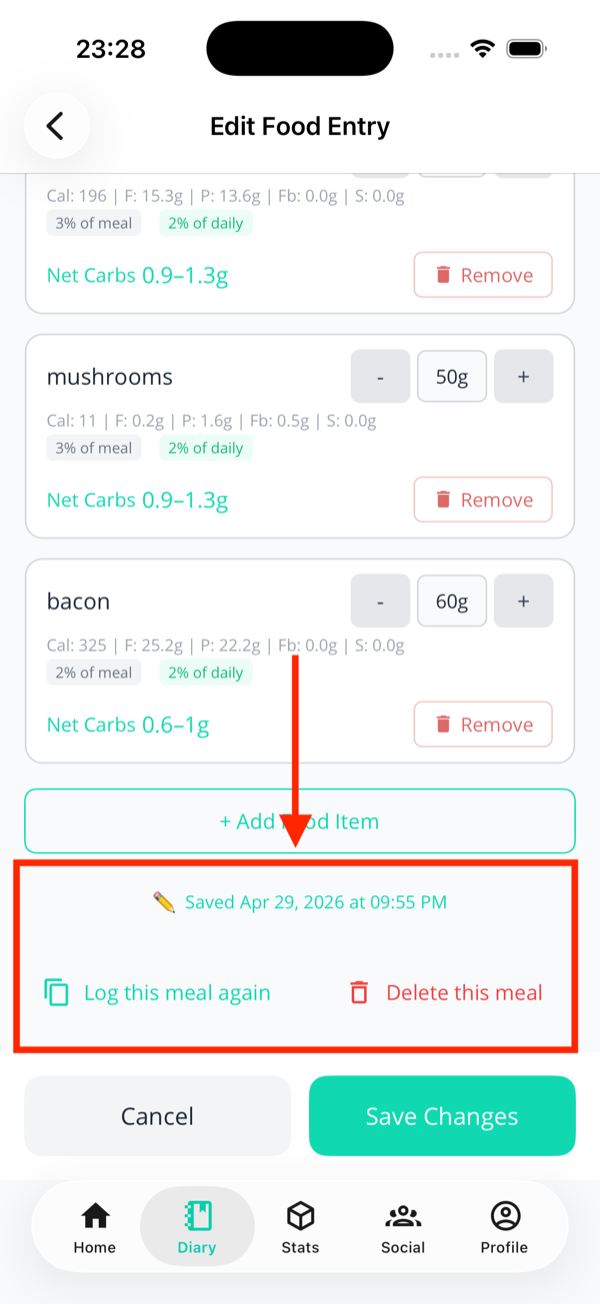 Bottom of a meal edit page with a red box around the Saved date label, the Log this meal again button, and the Delete this meal button