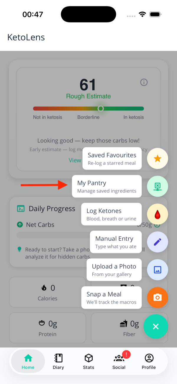 The home screen FAB expanded, with the green My Pantry option highlighted
