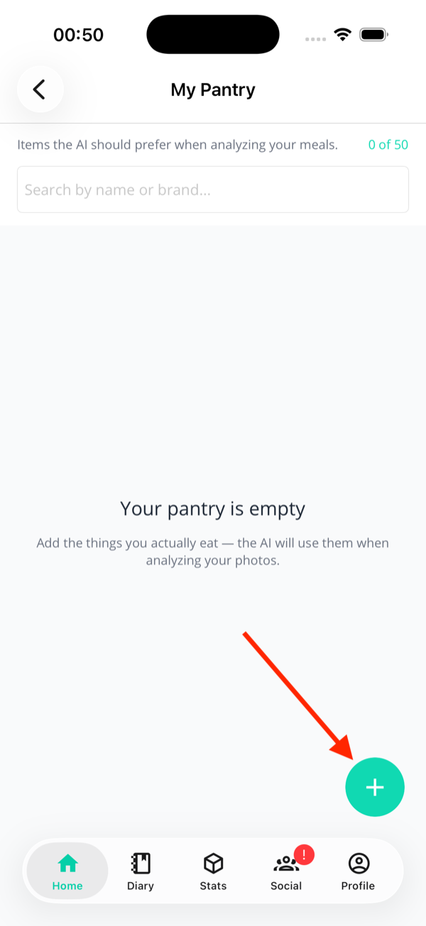 Empty pantry state with the headline 'Your pantry is empty' and a floating plus button bottom-right