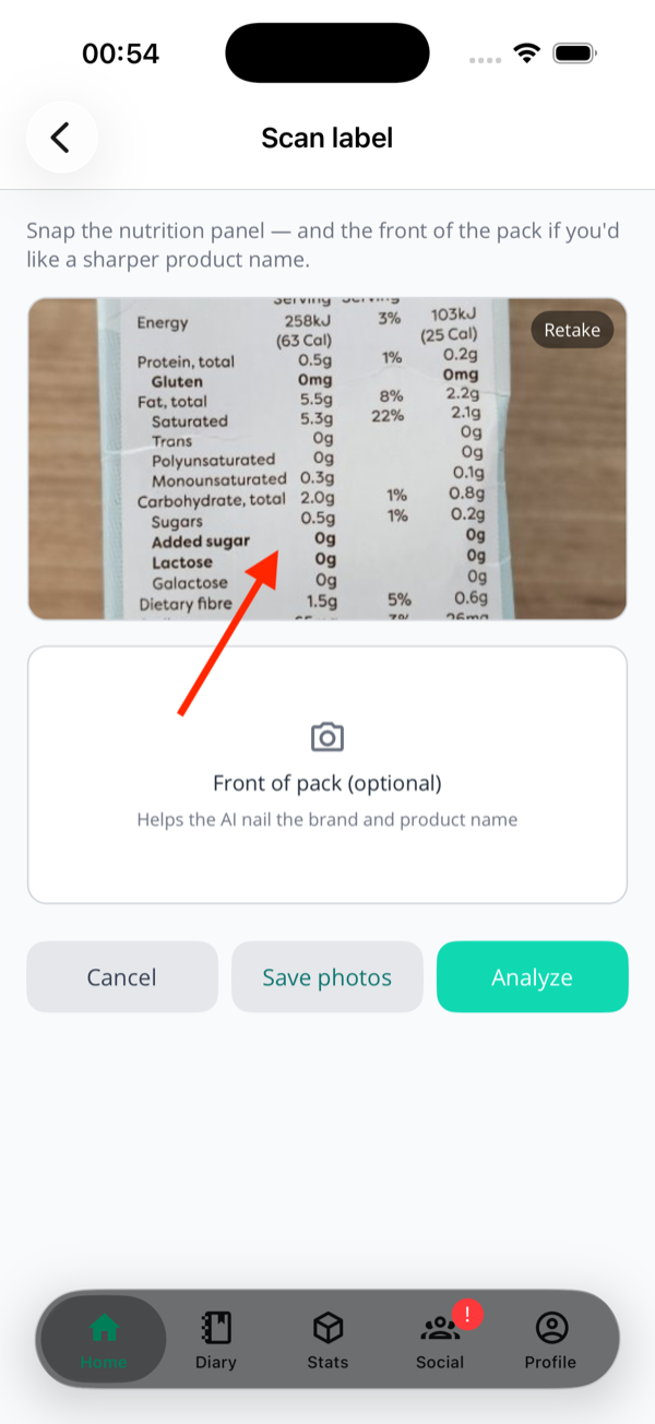 The Capture page with two photo slots: top labelled 'Tap to capture nutrition label' with a Required badge, bottom labelled 'Front of pack (optional)'