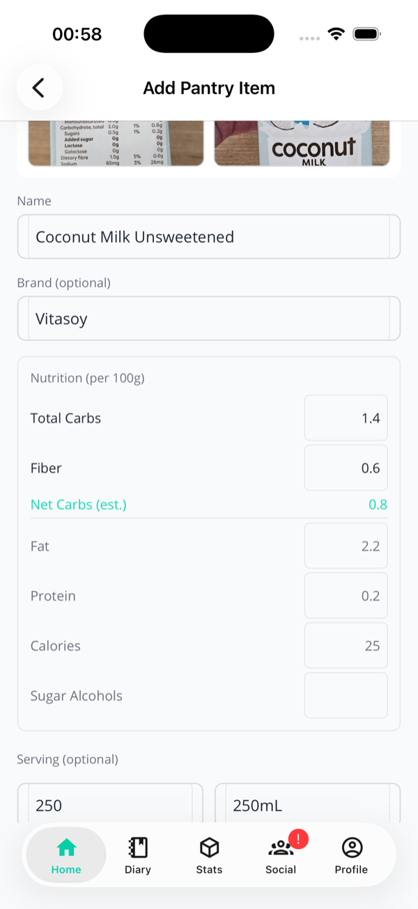 The Edit Pantry Item page with name, brand, per-100g macros, serving size and notes all filled in