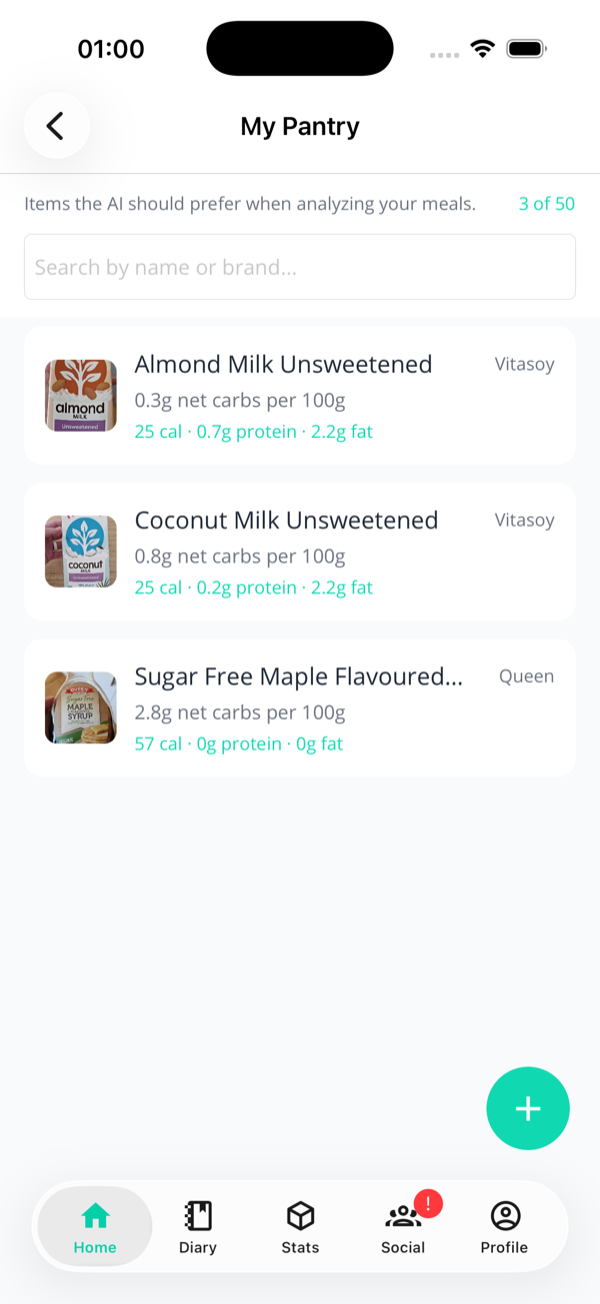 A populated pantry list with item cards, the search bar at the top and the 'X of 100' counter in the header