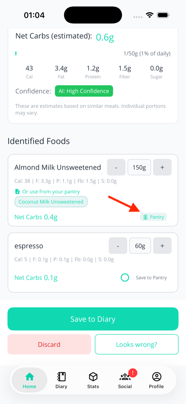 A meal review food card with the small teal 'Pantry' pill in the bottom-right corner indicating an automatic match
