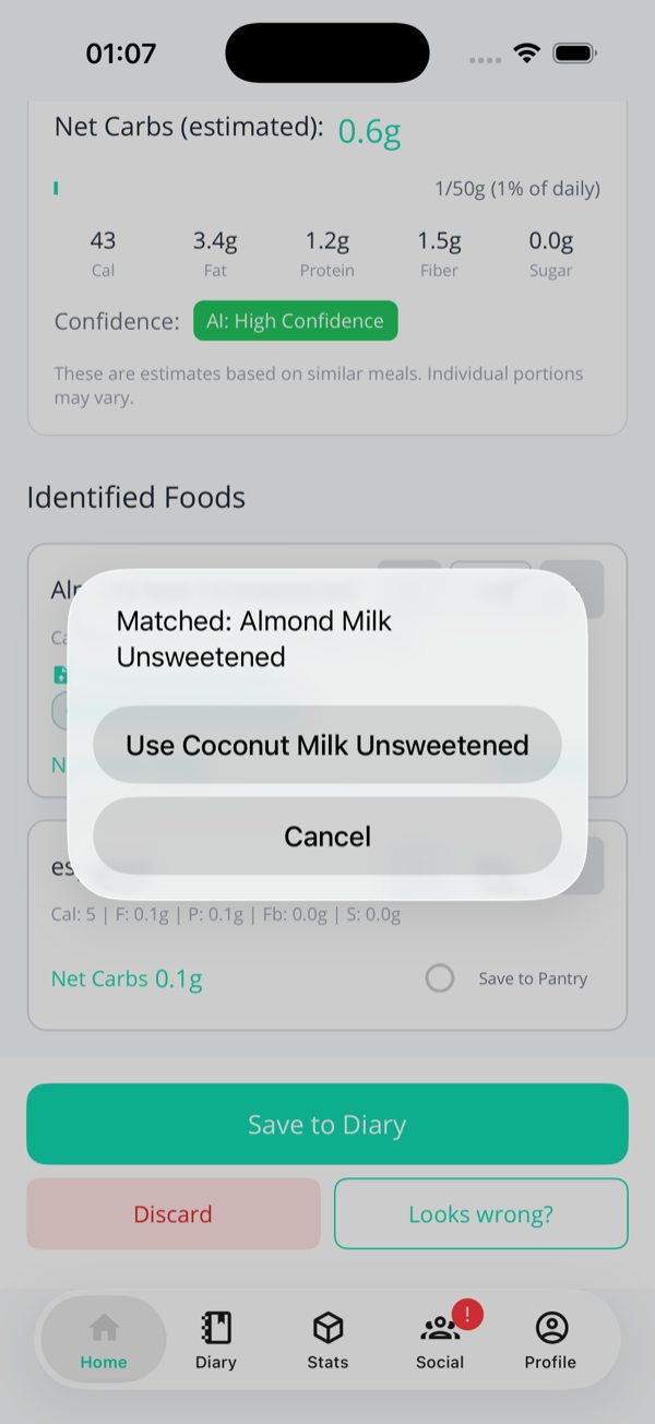 The action sheet shown after tapping the Pantry pill, with 'Revert to AI guess' at the top and several 'Use [alternative name]' options below
