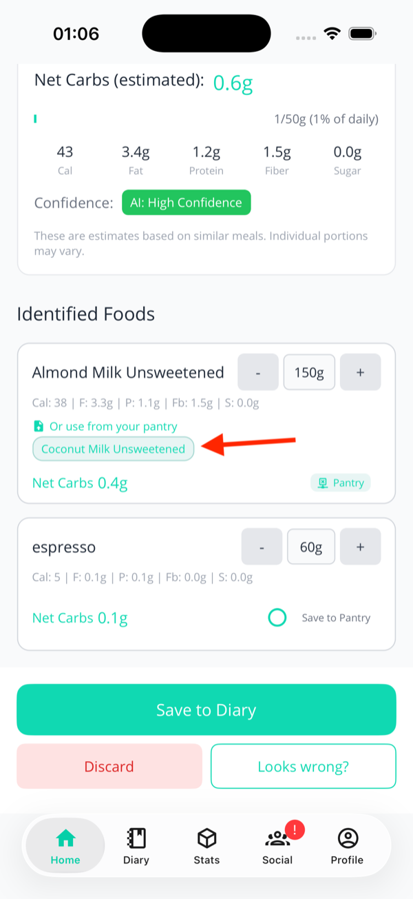 A row labelled 'Or use from your pantry' beneath a food card, showing two or three teal pill chips for alternative pantry items