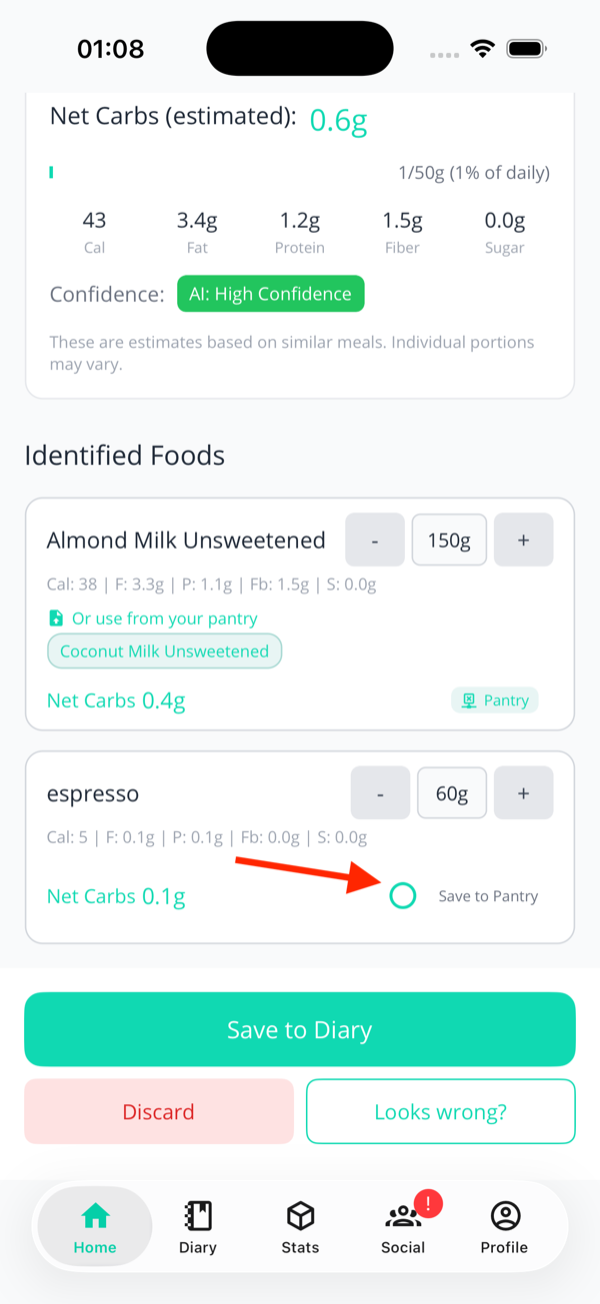 A food card on the meal review screen with the teal 'Save to Pantry' checkbox visible and ticked in the bottom-right
