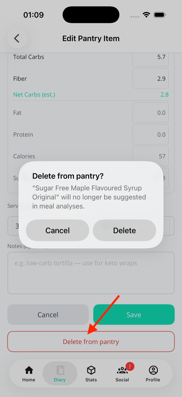 The 'Delete from pantry?' confirmation dialog warning that the item will no longer be suggested in meal analyses