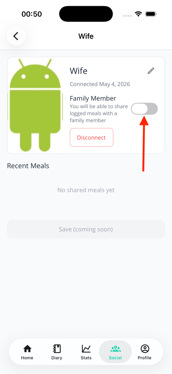 Connection profile page showing the Family Member toggle switch