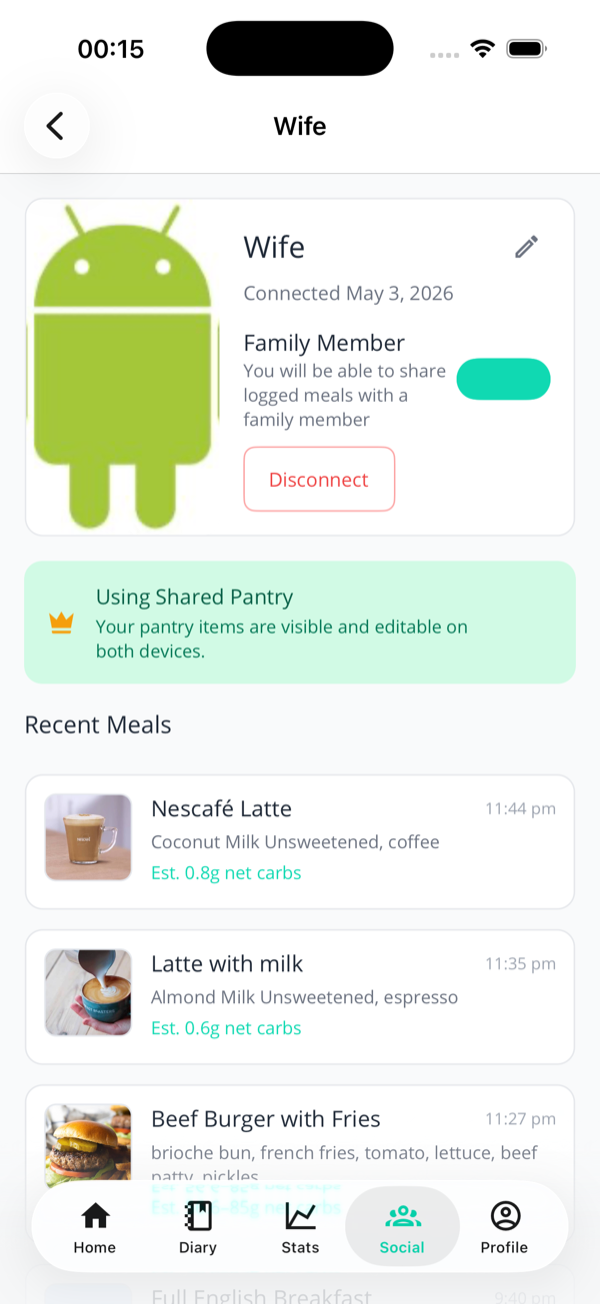 Connection profile page showing the pantry sharing status banner — Active with a crown icon when both sides are Family, Pending in yellow when only one side has toggled on