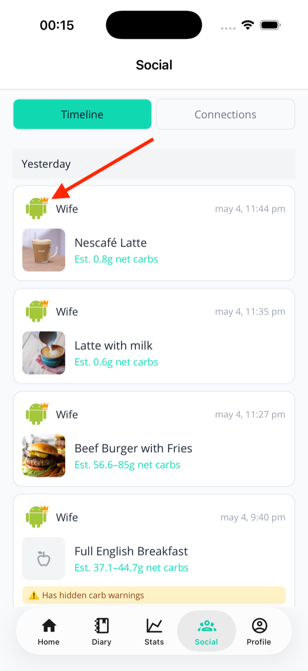 Social timeline showing a family member's shared meal with a small gold crown overlaid on their avatar