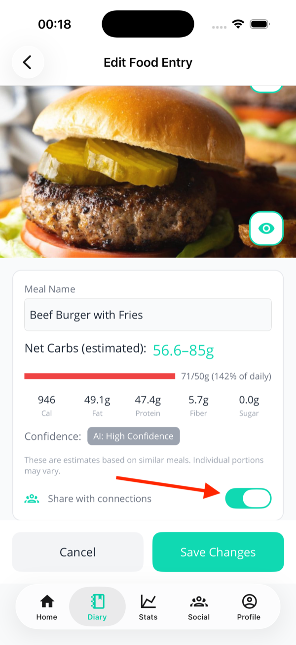 Meal edit page with the Share with connections row visible and its toggle switched on
