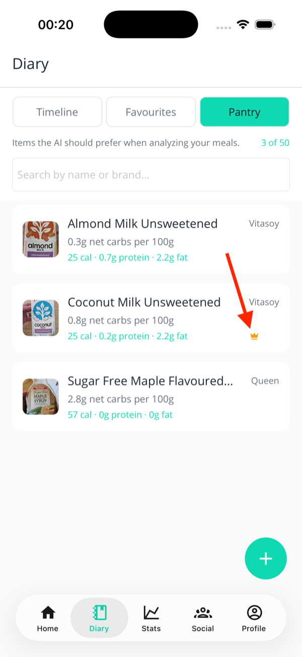 Pantry list with a shared item showing a small gold crown icon to indicate it came from a family member's scan