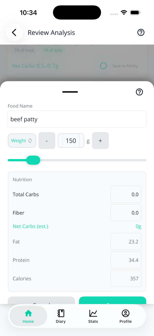 The food item edit sheet for beef patty, with a food-name field, a weight/quantity toggle, a 150g amount with minus and plus buttons, a weight slider, and editable nutrition fields for total carbs, fibre, net carbs, fat, protein and calories.