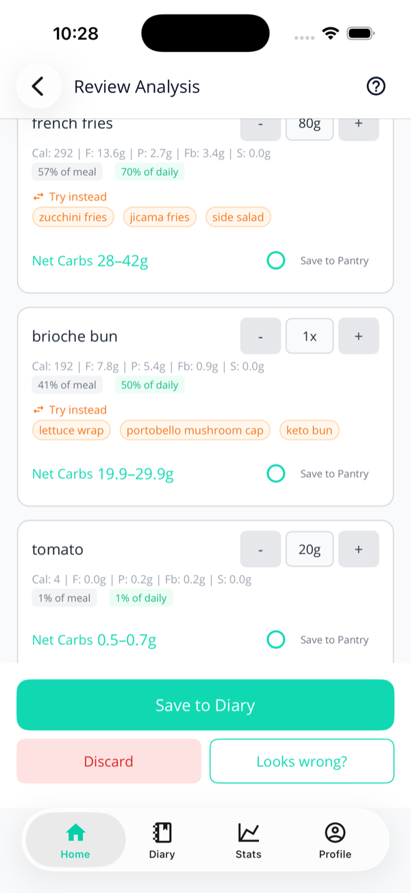 Identified food cards for french fries and brioche bun, each showing calories and macros, a percentage of meal and of daily carbs, orange Try instead swap chips, and a net-carb range.