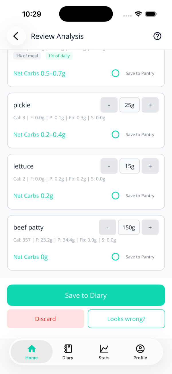 More identified food cards for pickle, lettuce and beef patty, each with editable amounts, net-carb values and Save to Pantry circles.