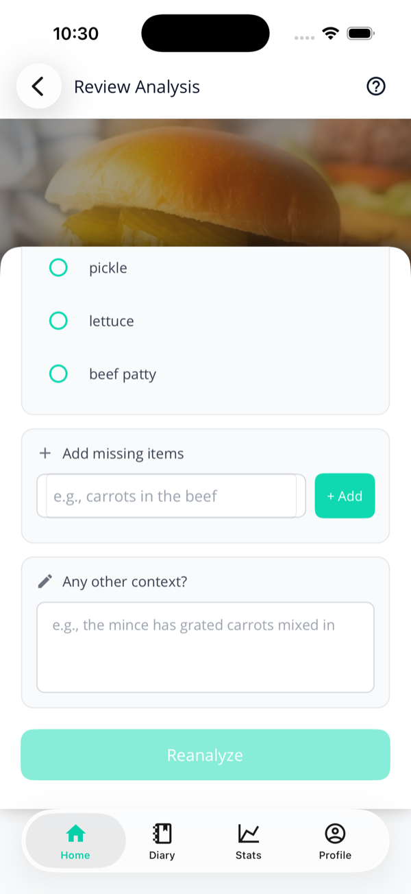 The lower half of the correction sheet showing the Add missing items field, an Any other context field, and a Reanalyze button.
