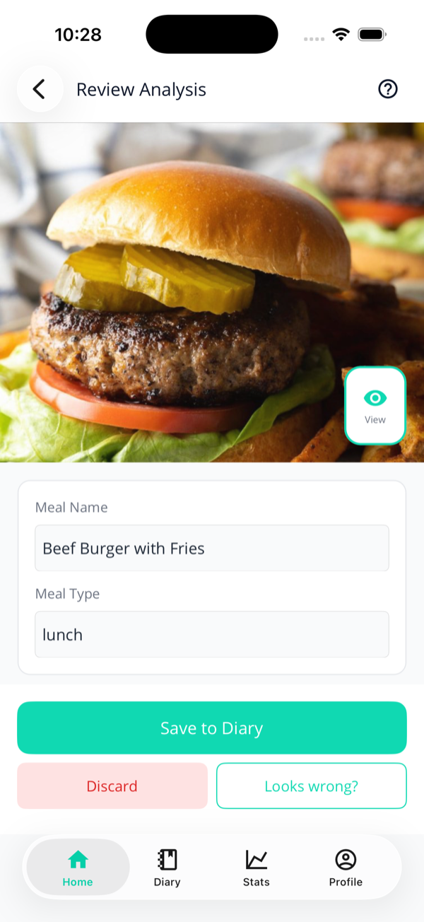 The Review Analysis screen with a burger photo, a View button, an editable meal name Beef Burger with Fries, a Meal Type of lunch, and Save to Diary, Discard and Looks wrong buttons.