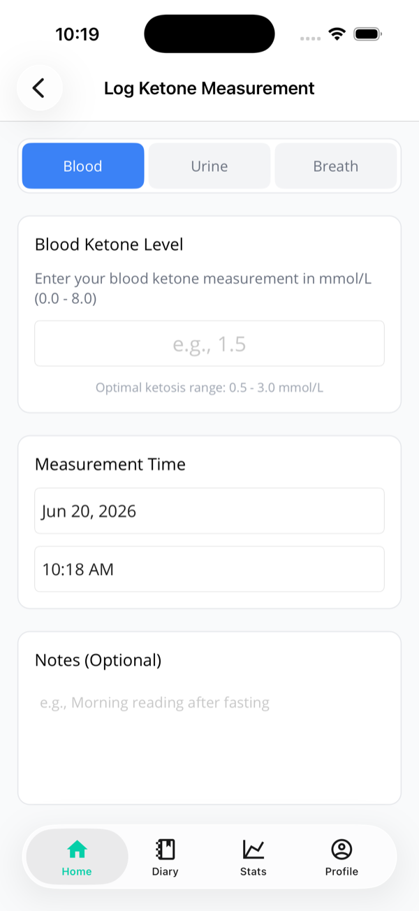 The Log Ketone Measurement screen on the Blood tab, with a Blood Ketone Level field in mmol/L, a measurement time of Jun 20 2026 at 10:18 AM, and an optional notes field.