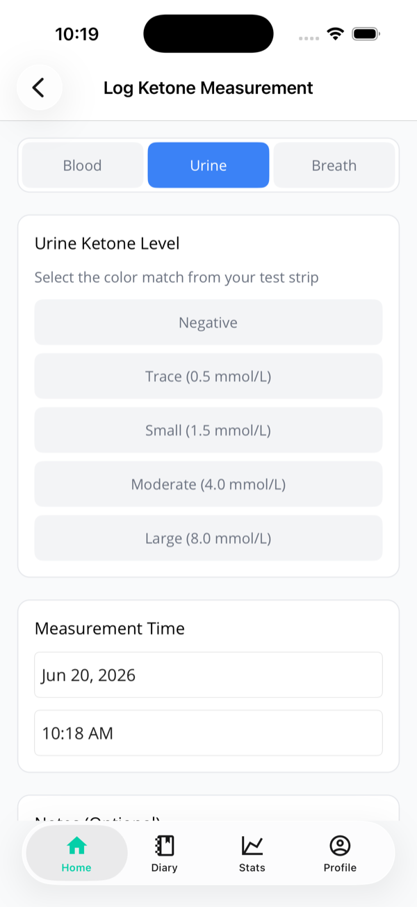 The Log Ketone Measurement screen on the Urine tab, with preset buttons for Negative, Trace, Small, Moderate and Large matching test-strip colours.