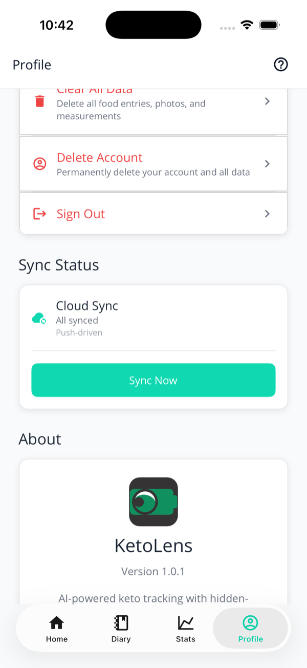 The Data Management section with red Clear All Data, Delete Account and Sign Out rows, a Cloud Sync status card with a Sync Now button, and an About section showing KetoLens Version 1.0.1.