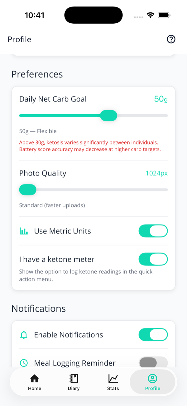 The Preferences section with a Daily Net Carb Goal slider at 50g, a Photo Quality slider, a Use Metric Units toggle, and an I have a ketone meter toggle.