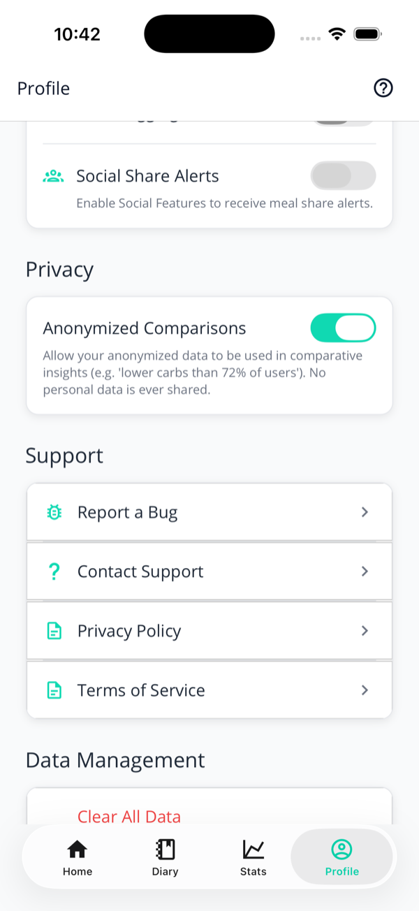 The Privacy section with an Anonymized Comparisons toggle, and a Support section with Report a Bug, Contact Support, Privacy Policy and Terms of Service rows.