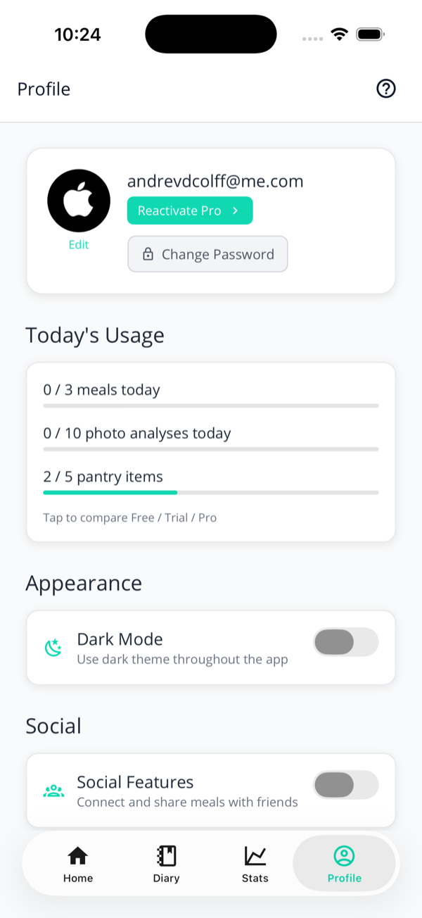 The Profile screen showing the account email, a subscription button, Change Password, a Today's Usage card with meals, photo analyses and pantry items, plus Appearance and Social sections.
