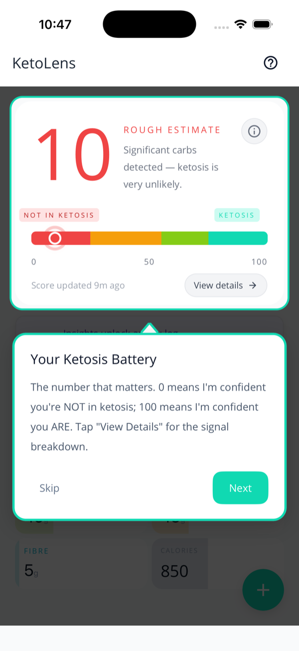 The home screen with a coach-mark overlay titled Your Ketosis Battery explaining that 0 means not in ketosis and 100 means in ketosis, with Skip and Next buttons.