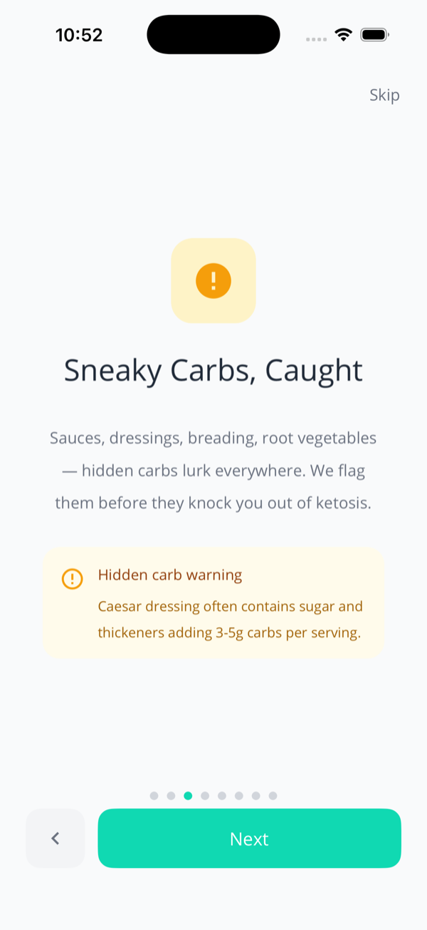 Onboarding screen titled Sneaky Carbs, Caught, with a hidden carb warning example about Caesar dressing adding 3-5g carbs per serving.