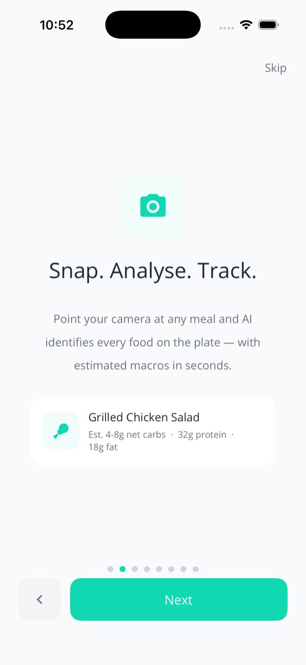 Onboarding screen titled Snap. Analyse. Track. with a sample card reading Grilled Chicken Salad, Est. 4-8g net carbs, 32g protein, 18g fat.