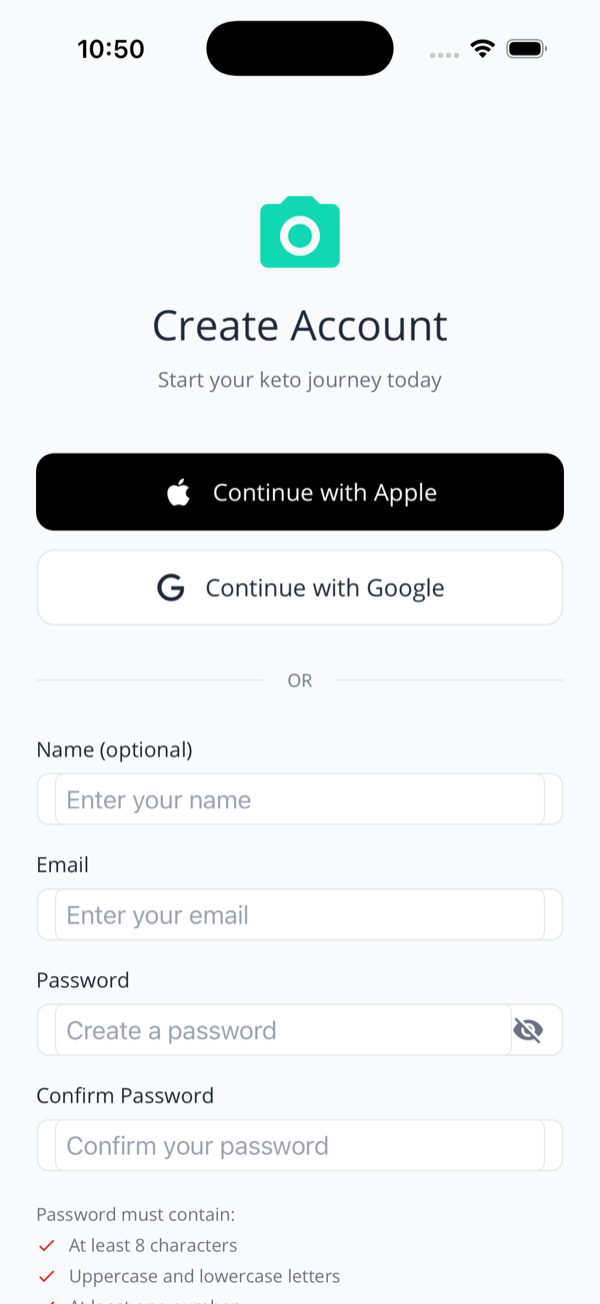 The Create Account screen with Continue with Apple and Google buttons, plus name, email, password and confirm-password fields, and a live password-requirements checklist.