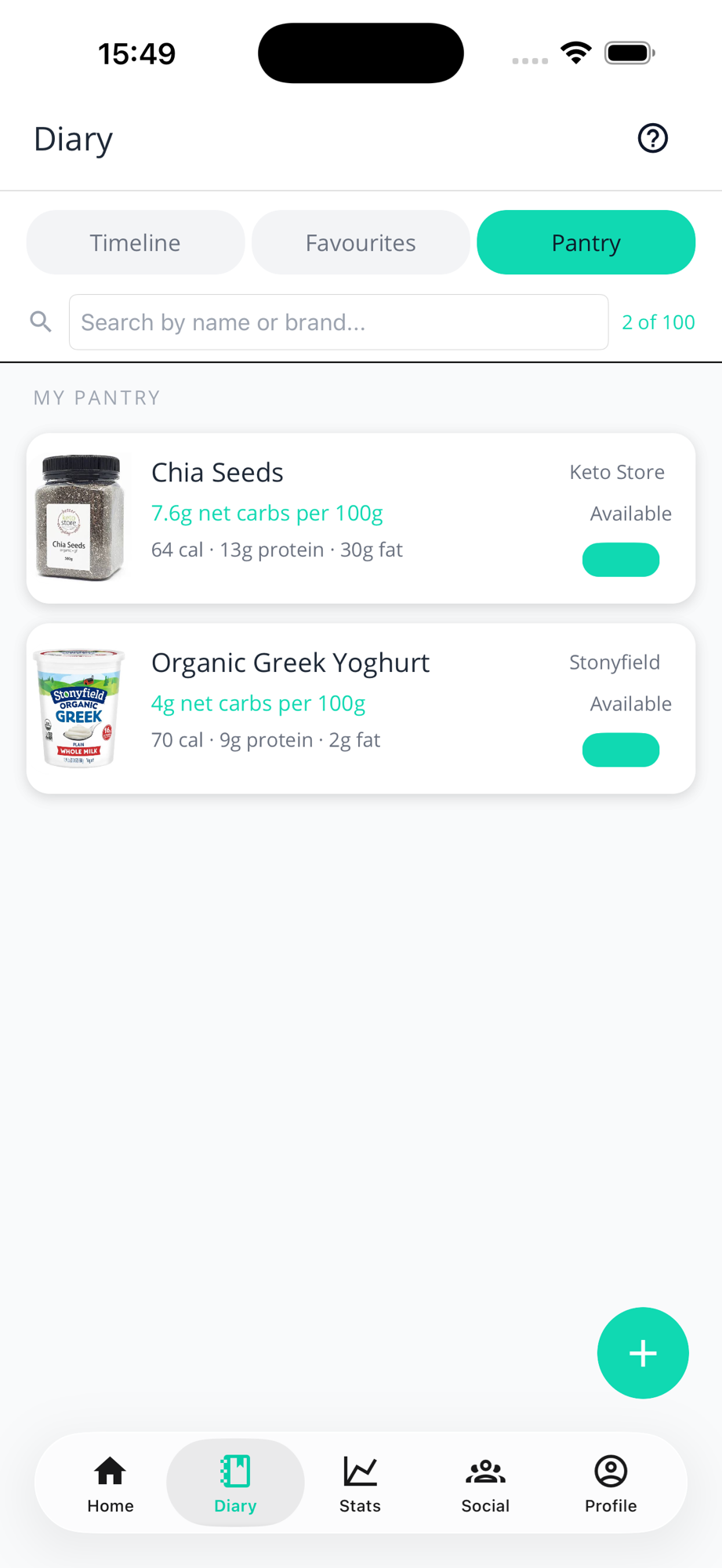 Pantry tab showing labelled foods: Chia Seeds at 7.6g net carbs per 100g, and Organic Greek Yoghurt at 4g net carbs per 100g, both available.